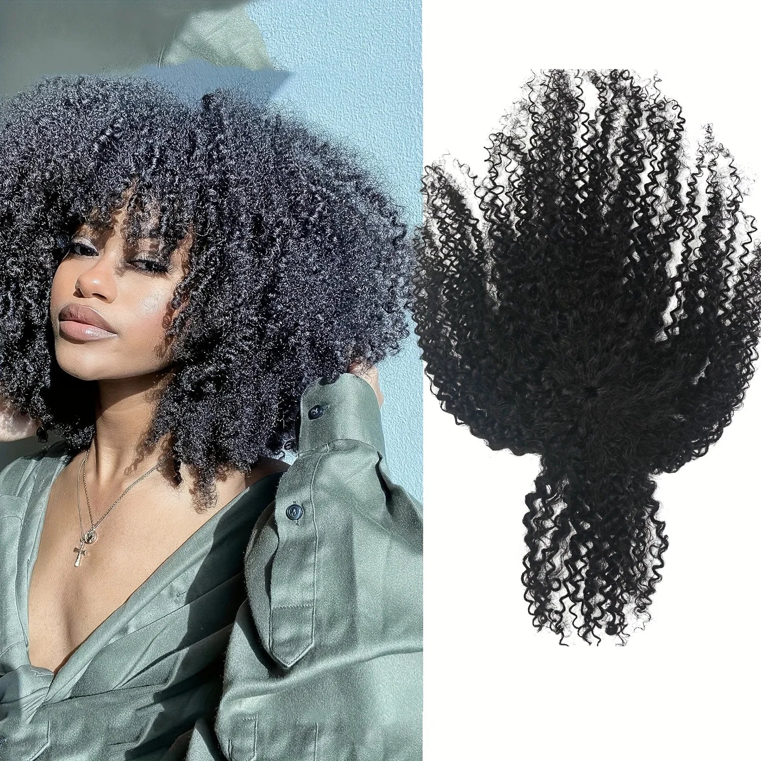 Pinza para el pelo con flequillo - Pinza para el pelo con flequillo tipo topper con estilos tenues, extensiones de pelo 100% humano rizado afro kinky #1B