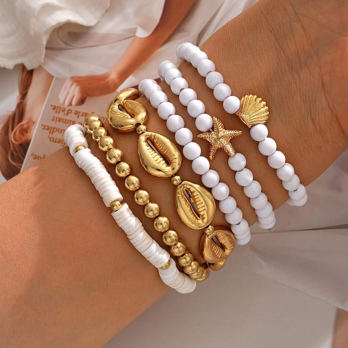 Juego de Pulseras de Cuentas de Estrellas de Mar y Conchas Bohemias para Mujer, Moda Verano Playa, Pulseras de Perlas Multicapa Apiladas, Regalos de Joyería para Fiestas