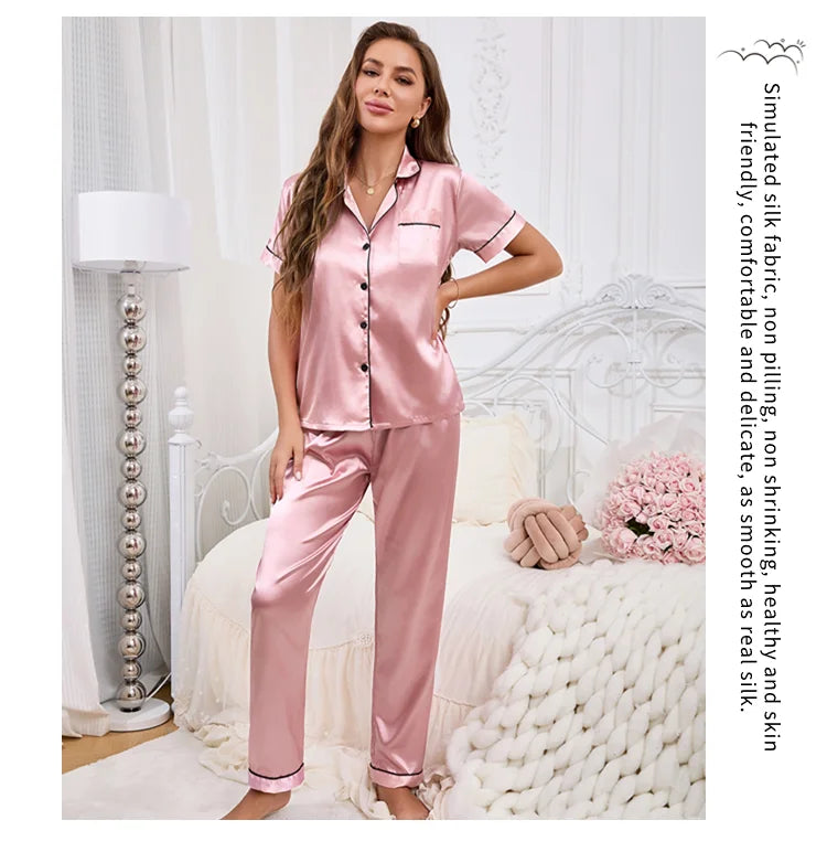 Conjuntos de pijama para mujer, otoño, manga corta, top con botones y pantalones, ropa de dormir de 2 piezas, conjunto de pijama con botones, ropa de casa, ropa de estar de satén