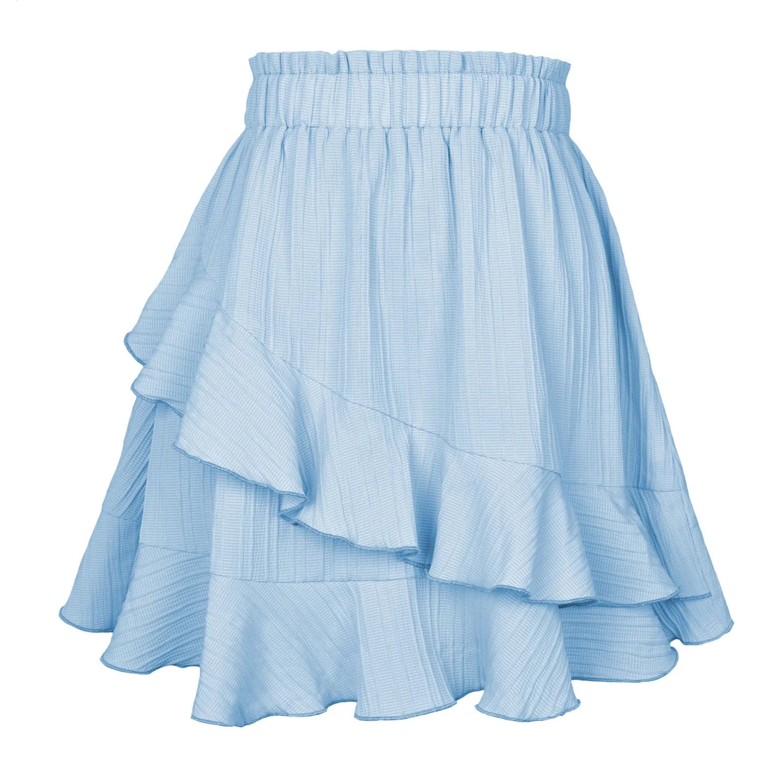 Falda de mujer de moda con volantes, falda corta de cintura alta de color liso irregular, falda de mujer de moda de color liso