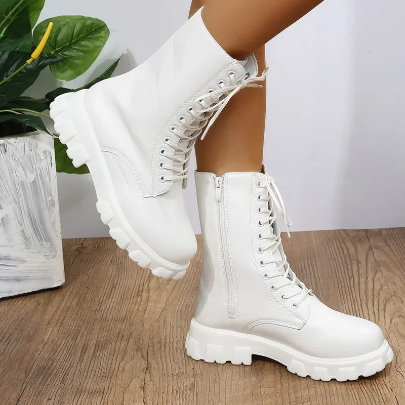 Hot Sale Ladies Shoes Mid-Calf Women's Boots Plus Size Modern Boots Women Lace-up Round Toe Med Heel Side Zip Female Shoes