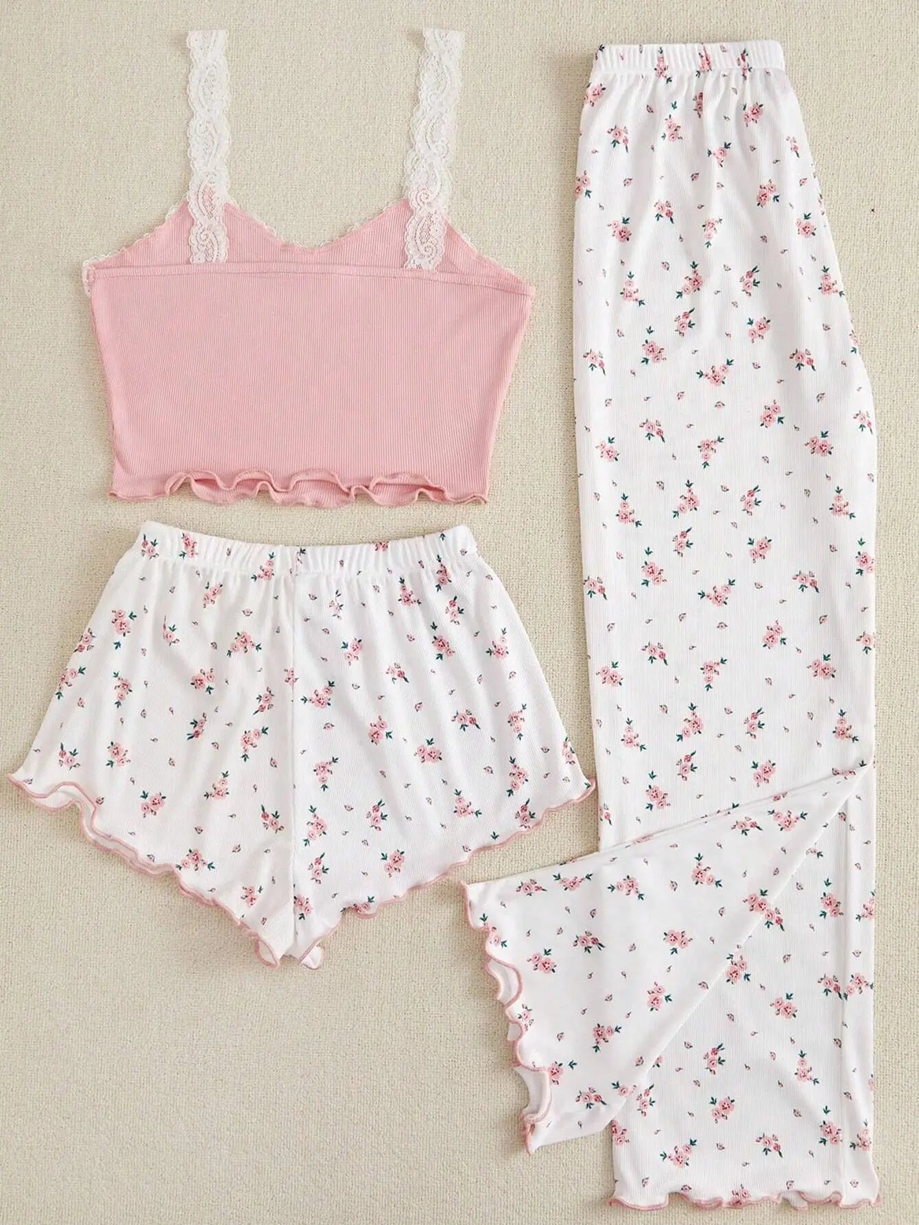 Conjuntos de Pijama para Mujer, Tres Piezas, Top de Tirantes, Estampado, Pantalones Cortos, Pantalones Largos, Trajes Casuales, Ropa de Noche, Ropa de Dormir Dulce para Mujer, Verano