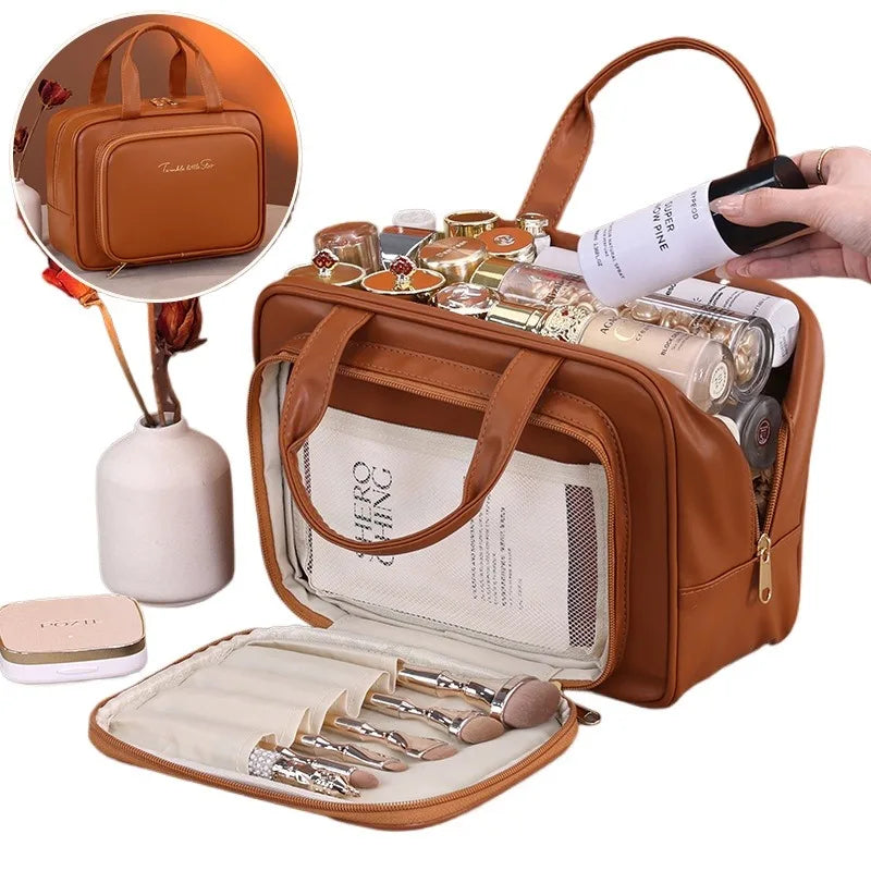 Large Capacity Makeup Bag for Women – Portable Cosmetic Organizer with Brush Holder & Carry Handle, Travel-Friendly Makeup Case