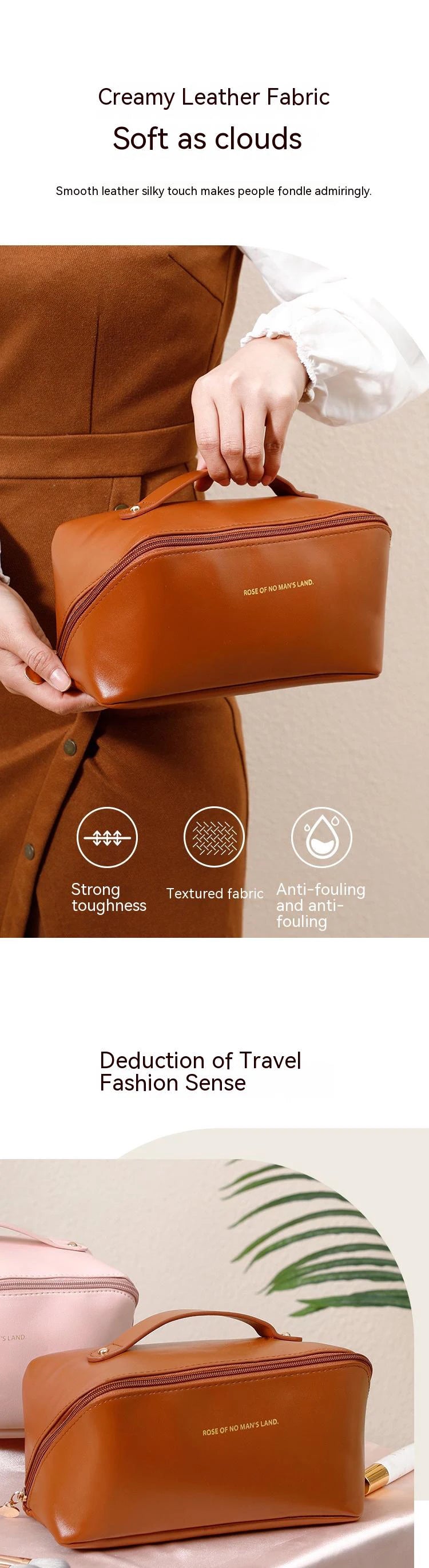 Bolsa de maquillaje PU a la moda y práctica, bolsa de almacenamiento de viaje, neceser de gran capacidad, bolsa de maquillaje con almohadilla de belleza para apoyar la mano