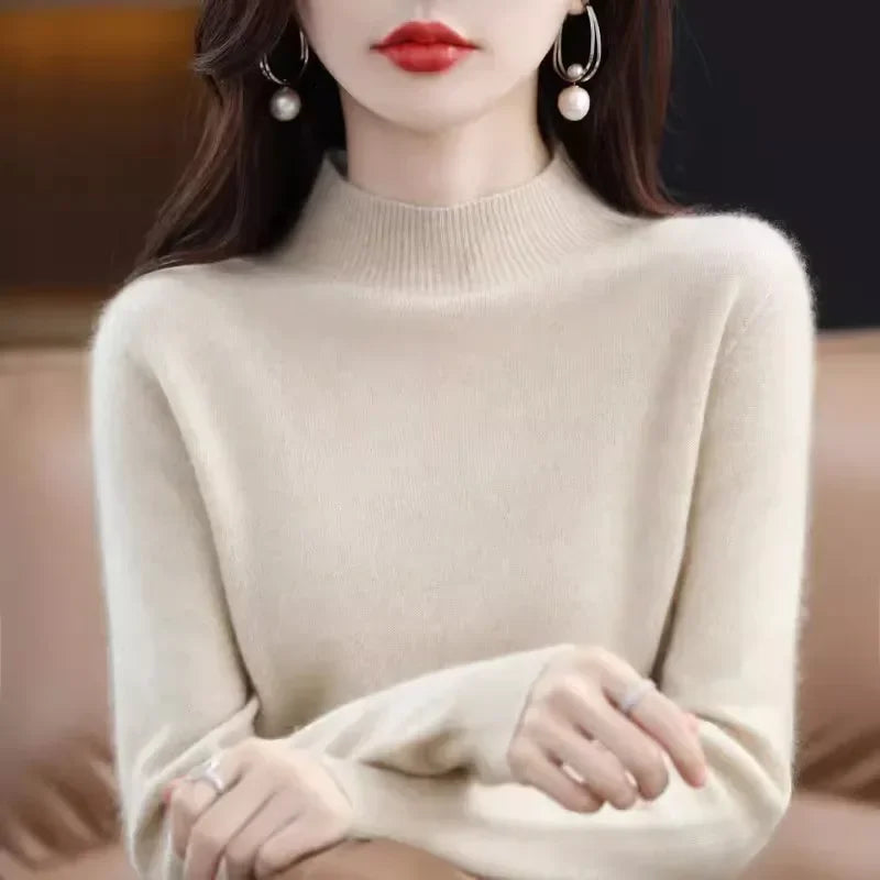 Suéter de mujer otoño invierno, camisas base cálidas casuales, cuello simulado, tejido básico, jerséis de manga larga, moda coreana