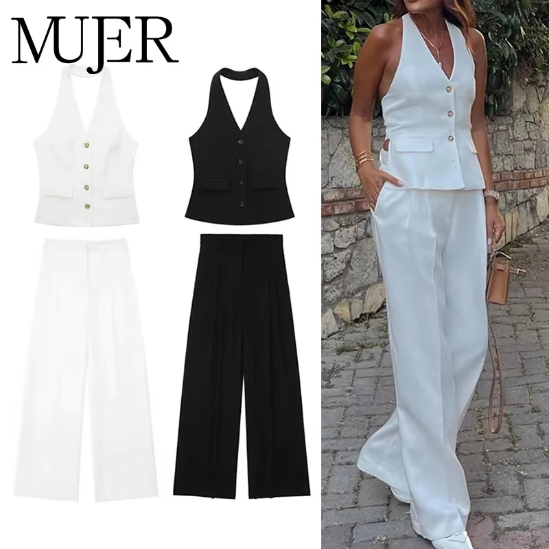 MUJER Women Pants Sets Off Shoulder Sleeveless Vest Top Woman Wide Leg Pants Women 2 Piece Set Outfit Elegant Women's Pants Suit