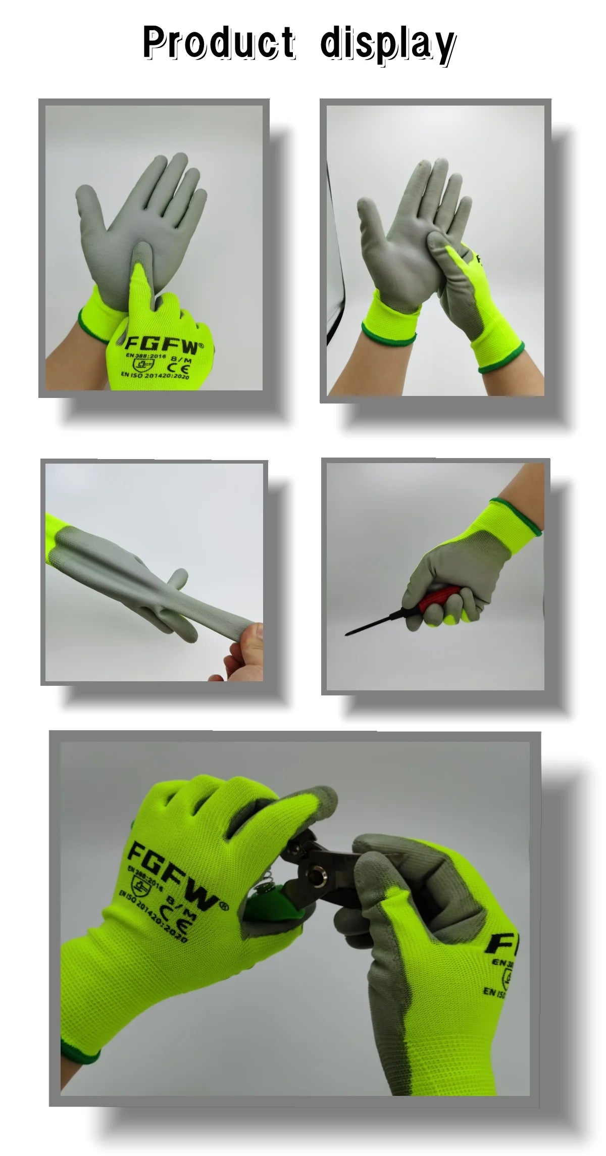 Lot de 10 paires de gants de travail enduits de PU - Gants de sécurité légers et résistants, certifiés EN 388/ISO 20471, tailles S/M/L/XL