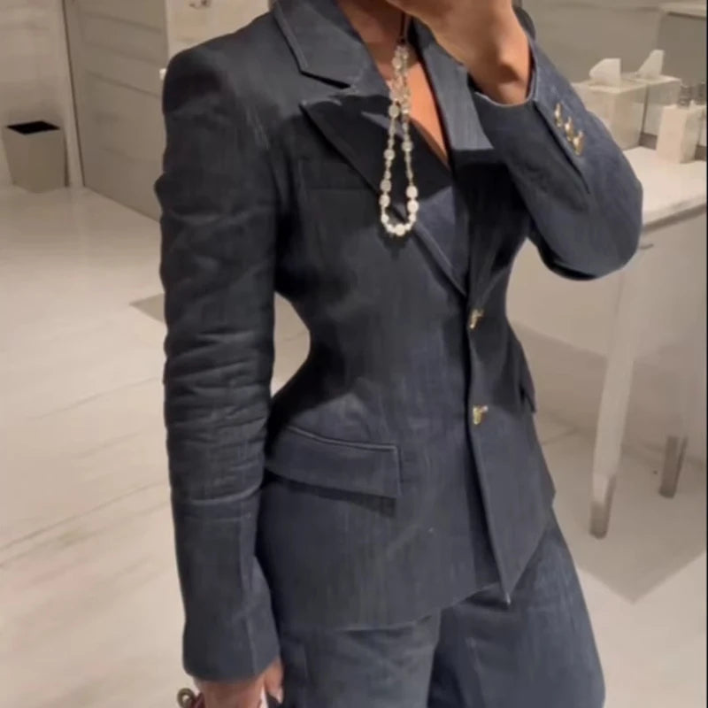 Elegante conjunto de 3 piezas de blazer de mezclilla, pantalón largo para mujer, chaqueta de traje de primavera de un solo botón, chaleco chic con cuello en V, trajes de pantalón de pierna ancha