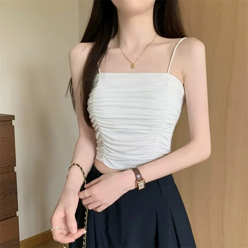 Camisetas sin mangas para mujer, tops sexys, tops de tubo para niñas con tirantes, camisola blanca para mujer, sujetadores acolchados, ropa de mujer, corsé.