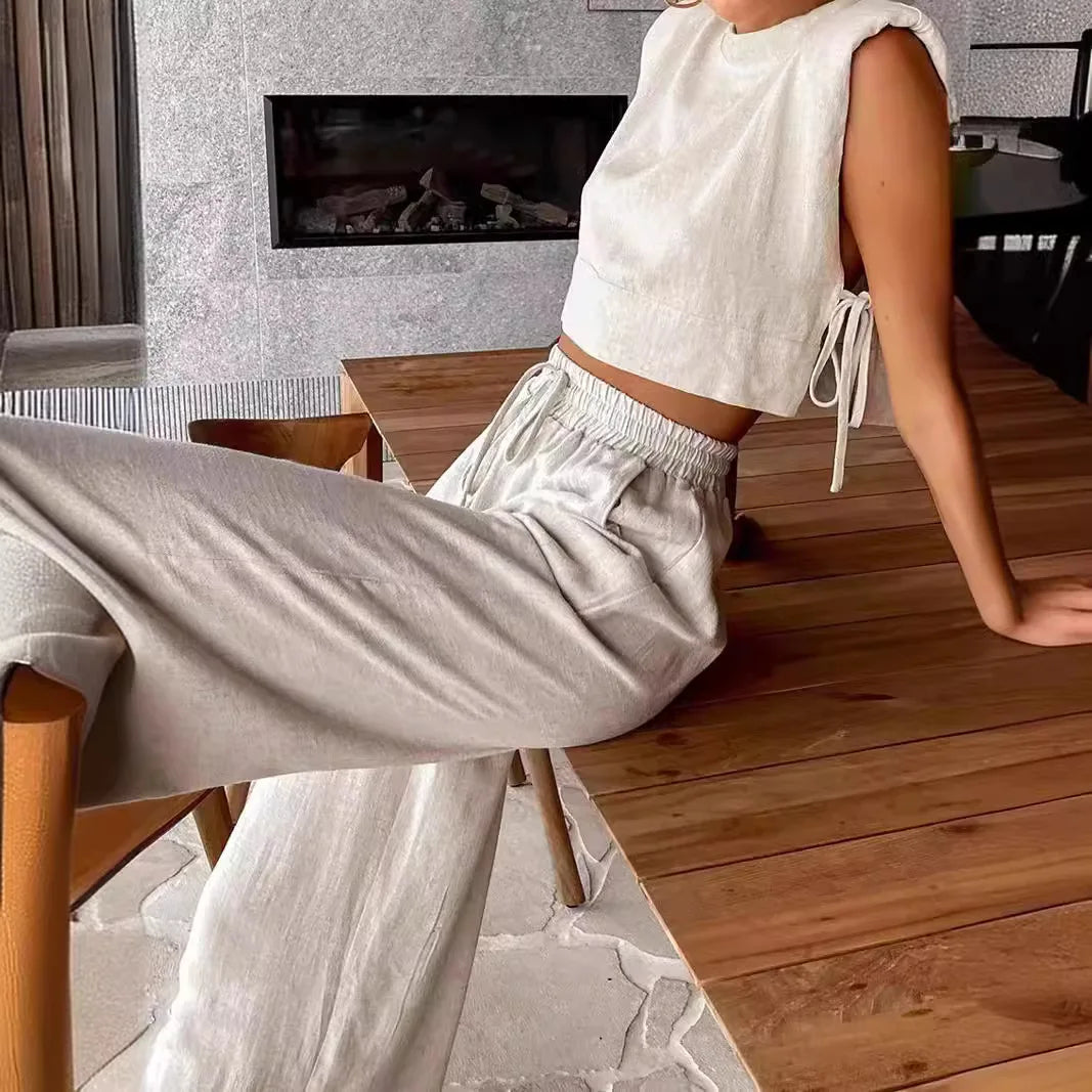 Cotton And Linen Pant Sets Women Sleeveless Leace-up Short Tops Drawstring Long Pants Two Piece Set Commuting 2025 Summer New