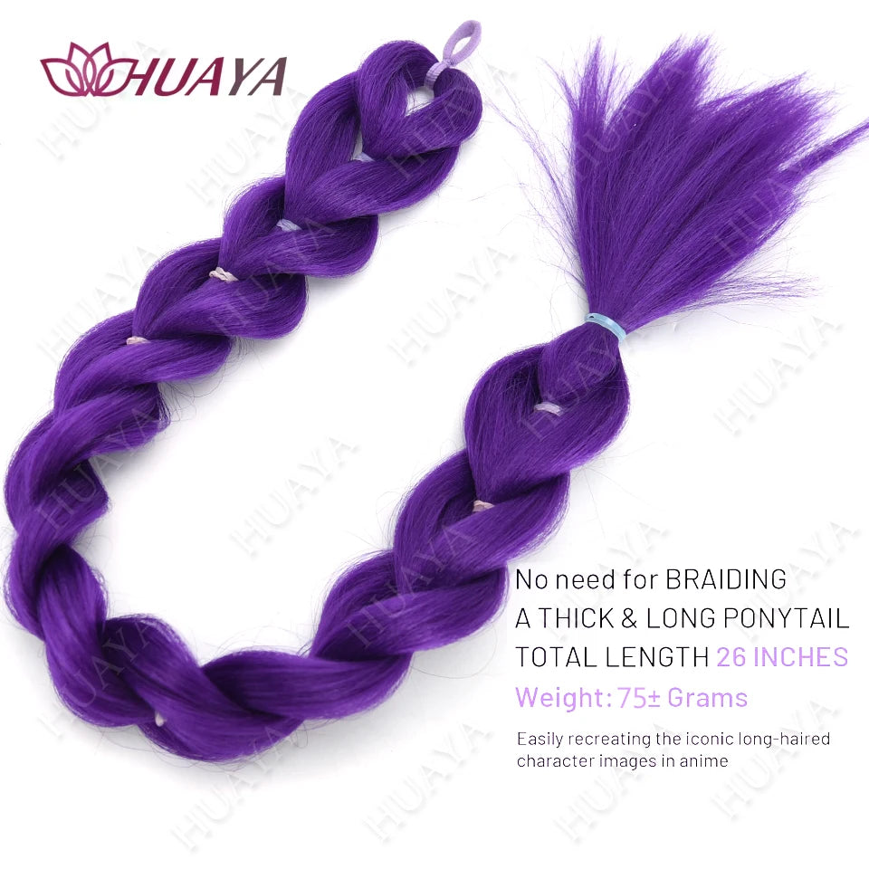 Synthetic Braided Purple Hair Ponytail Rumi Costume Hairstyle Long Ponytail with Rubber band and Clips for Kids Girls Christmas