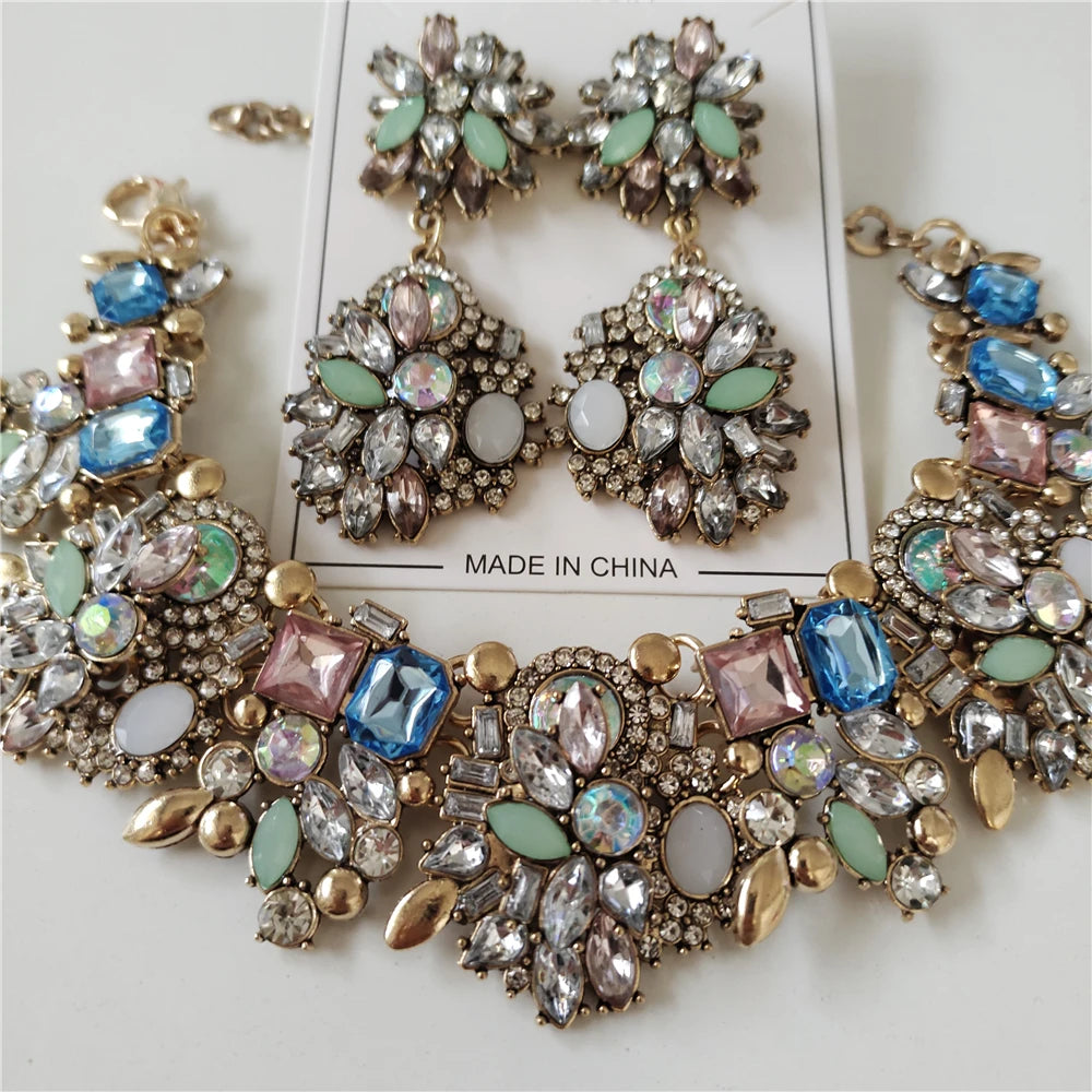 Nuevos conjuntos de joyas de lujo con cristales de estrás, collar, pulseras, pendientes, conjunto de joyas para mujer, boda india, declaración nupcial