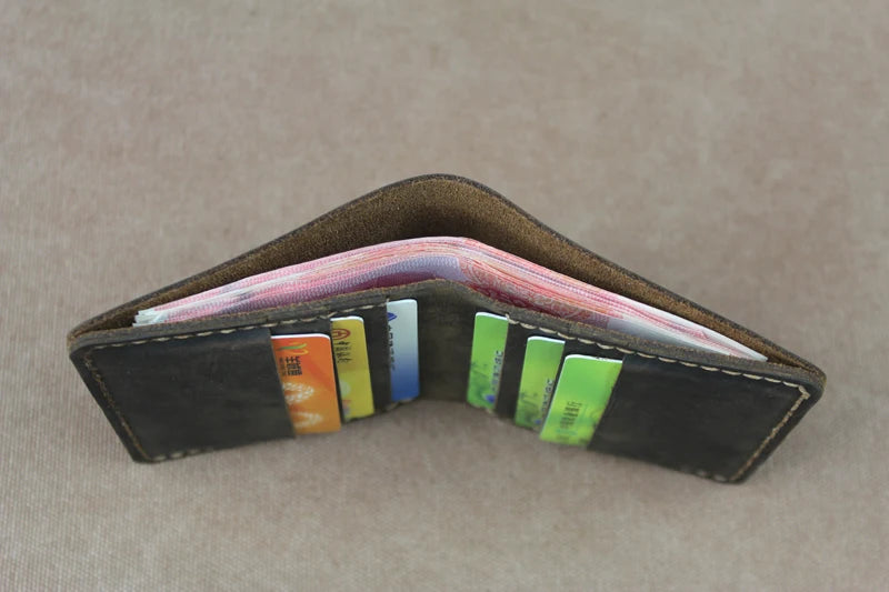 Cartera de lujo hecha a mano de cuero genuino Crazy Horse para hombre, cartera pequeña de cuero para hombre, monedero corto con clip para billetes, bolsa para dinero, café negro