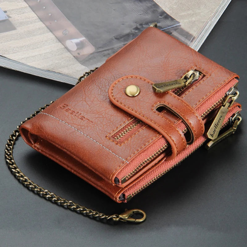 Billetera de lujo de piel sintética para hombre - Tarjetero con diseño de cadena corta, Monedero retro clásico (marca de alta calidad)