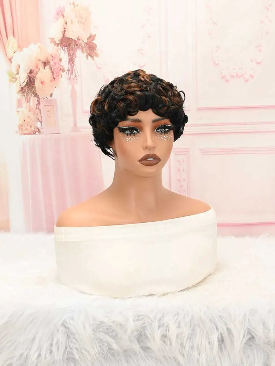 Ombre Brown Highlight Pixie Wave Wig Synthetic Short Finger Bangs Wig Women Daily Office Styling