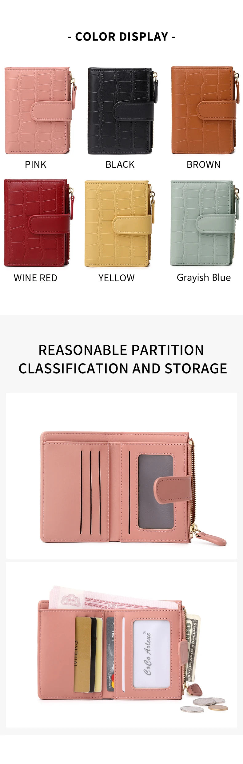 Klassisk luksuslommebok med kortklips, liten, multifunksjonell, PU-håndveske i skinn, ensfarget, dobbel fold, dame, ZeroWallet
