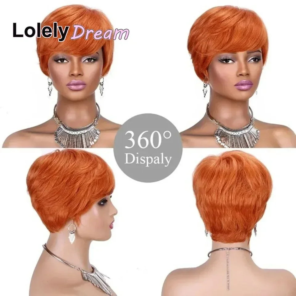 Peluca Lolely Dream Corta Naranja Jengibre 100% Cabello Humano con Flequillo, Peluca Lisa Remy Hecha a Máquina, Peluca Bob con Capas, Corte Pixie para Mujeres