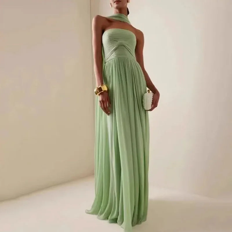 Vestidos de mujer sexys, a la moda, sin espalda, plisados, elegantes, sencillos, casuales, verdes, de cintura, de gasa, para noche, ropa nueva para mujer