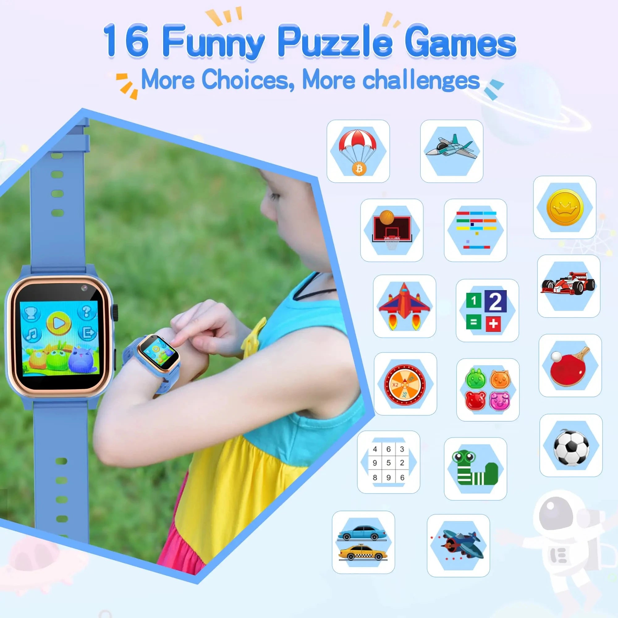 Montre connectée pour enfants, écran tactile HD, lecteur de musique, caméra, 16 jeux de puzzle, podomètre, calculatrice, lampe de poche, montre 12/24 h