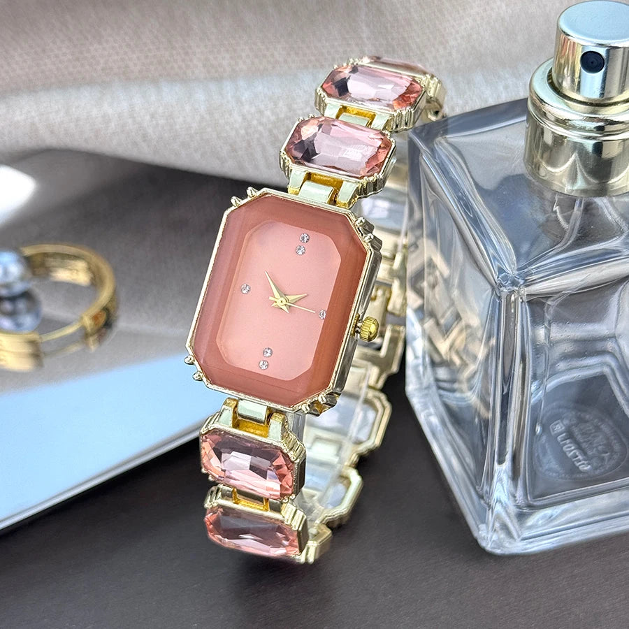 reloj de señora estilo europeo y americano de moda con esfera de diamantes de imitación, caja rectangular de color con cadena de diamantes de imitación, sección grande de mujer