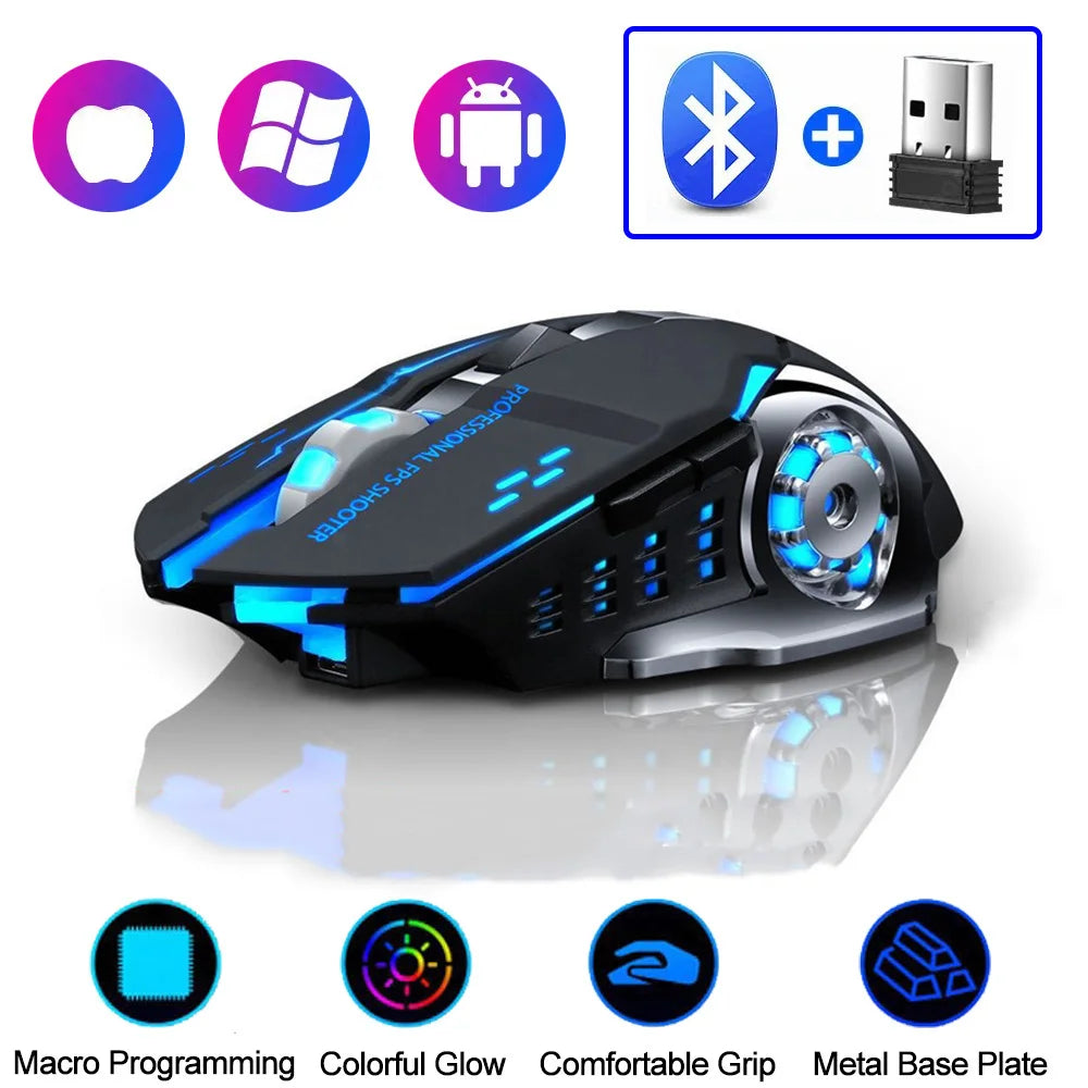 Souris sans fil rechargeable 2,4 GHz USB Bluetooth rétroéclairée, ergonomique et silencieuse, idéale pour le bureau avec ordinateur portable, MacBook, PC, tablette et téléphone.