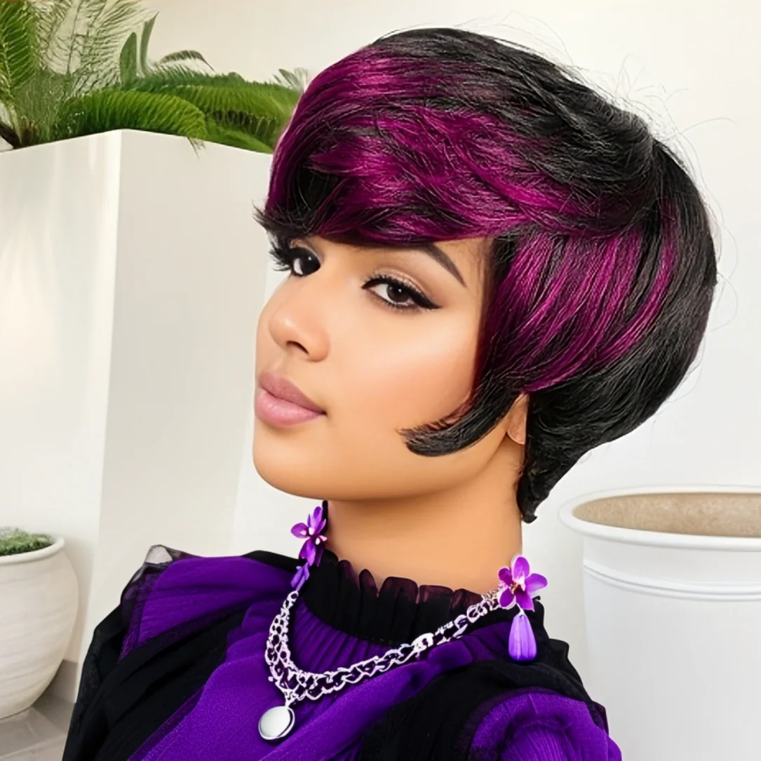 Peluca Elegante Pixie Cut Cabello Humano Lacio Densidad 180% con Flequillo Confeccionada a Máquina Completa para Mujeres