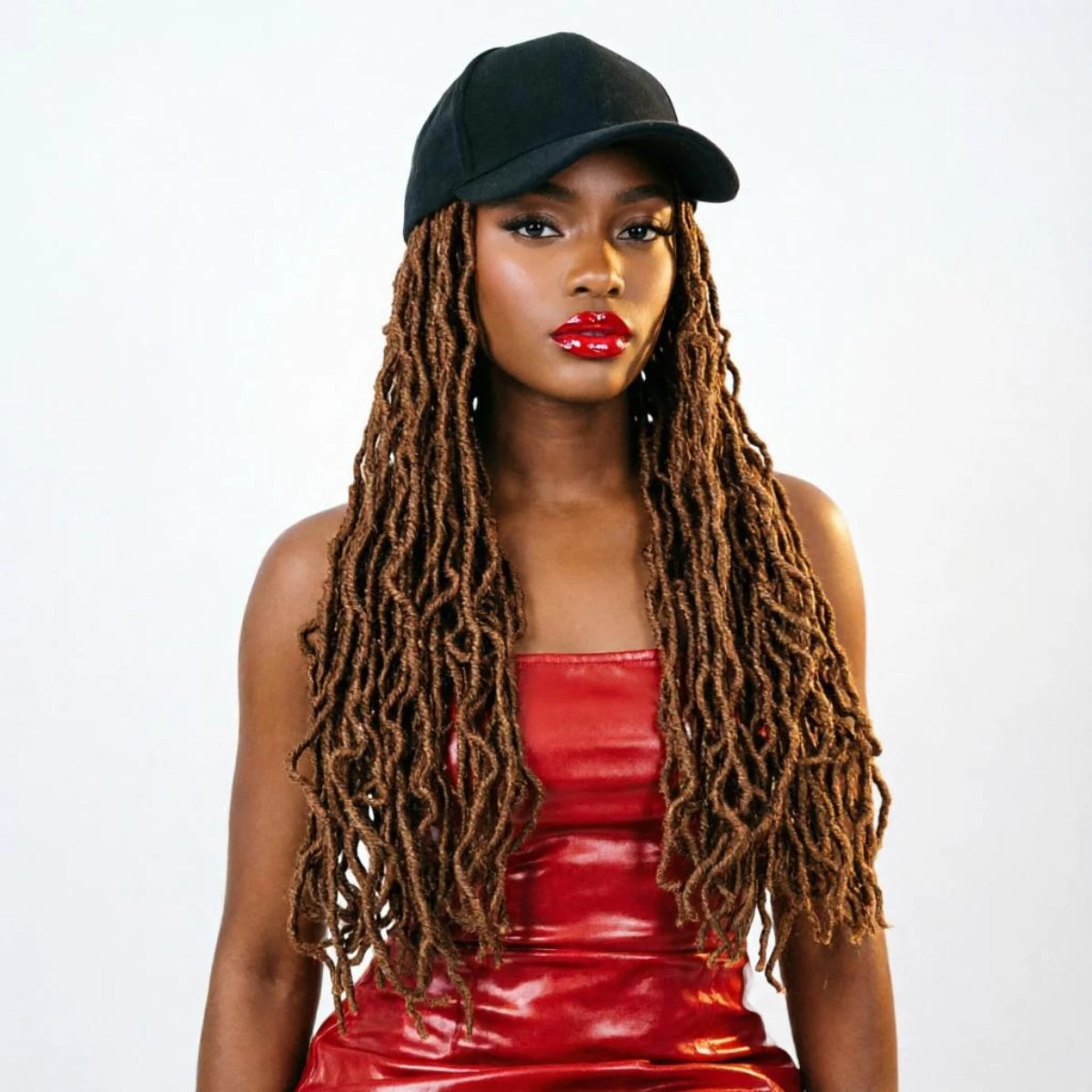 Peluca de gorra con trenzas tipo locs color borgoña