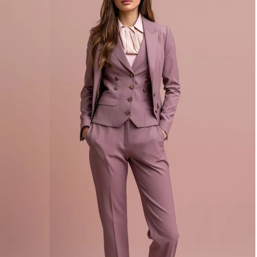 Elegante damebukser, 3-delt jakke, vest, enkeltspent, spisskrage, slim fit, mote, kontordame, yttertøy