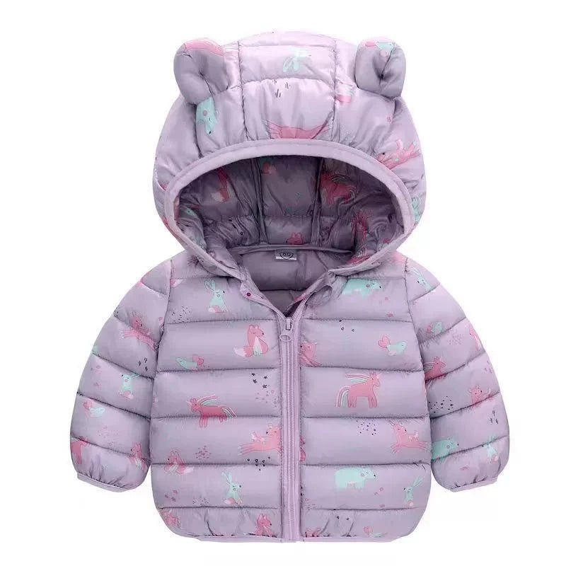 Chaqueta de plumas para niños de 1 a 5 años, de otoño e invierno, con capucha, de dibujos animados, cálida y a la moda, con cremallera, abrigo para niñas, ropa infantil