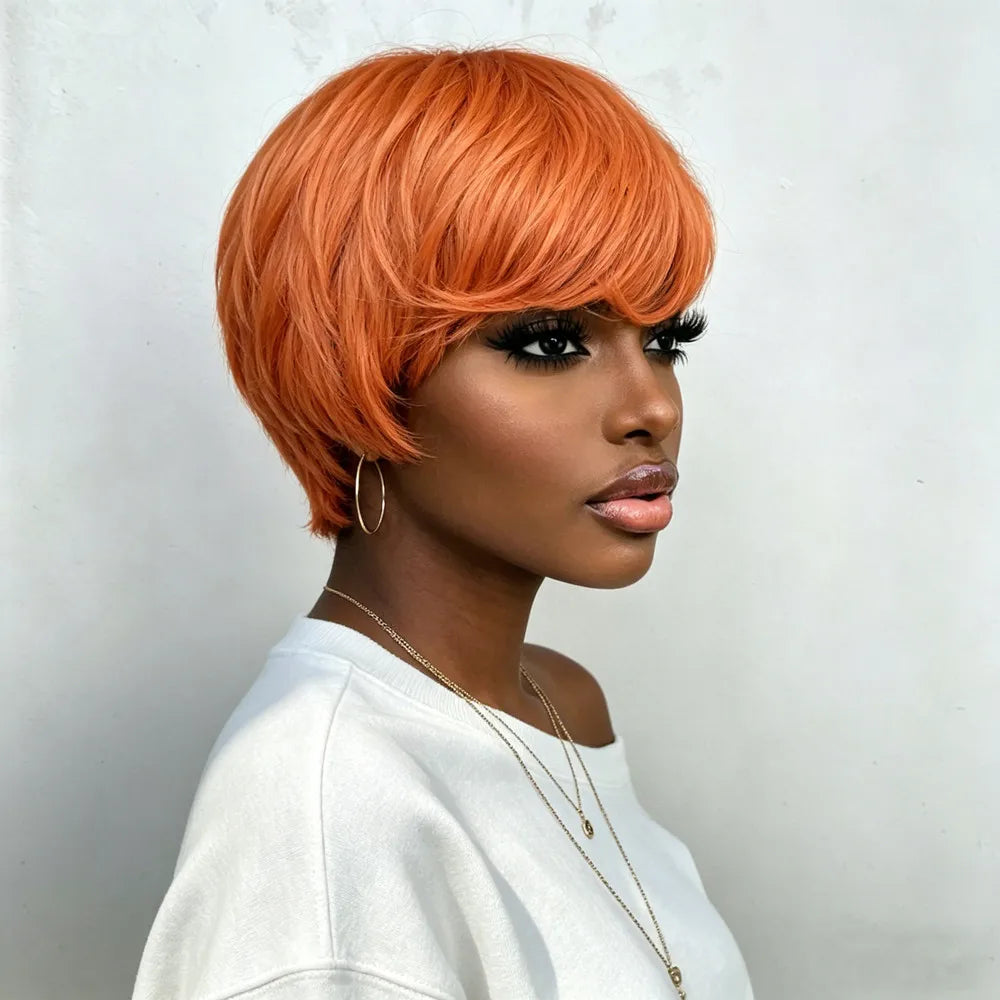 orange color pixie wig short machine made 6Inch 150% Density Women'S Chic Retro short straight Pixie Cut human human hair Wig