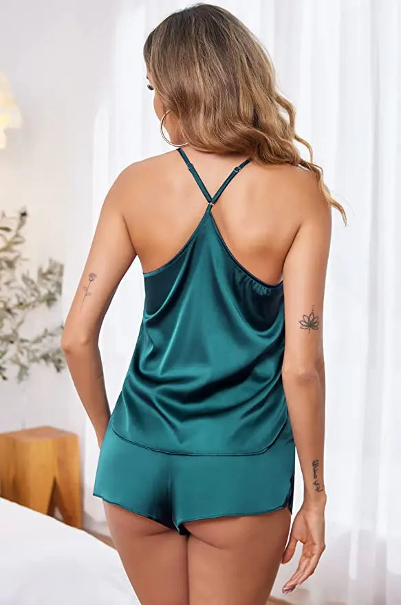 Conjuntos de pijama de satén y encaje sexy para mujer, ropa de dormir, tops sin mangas + pantalones cortos, conjuntos de 2 piezas de pijama para mujer