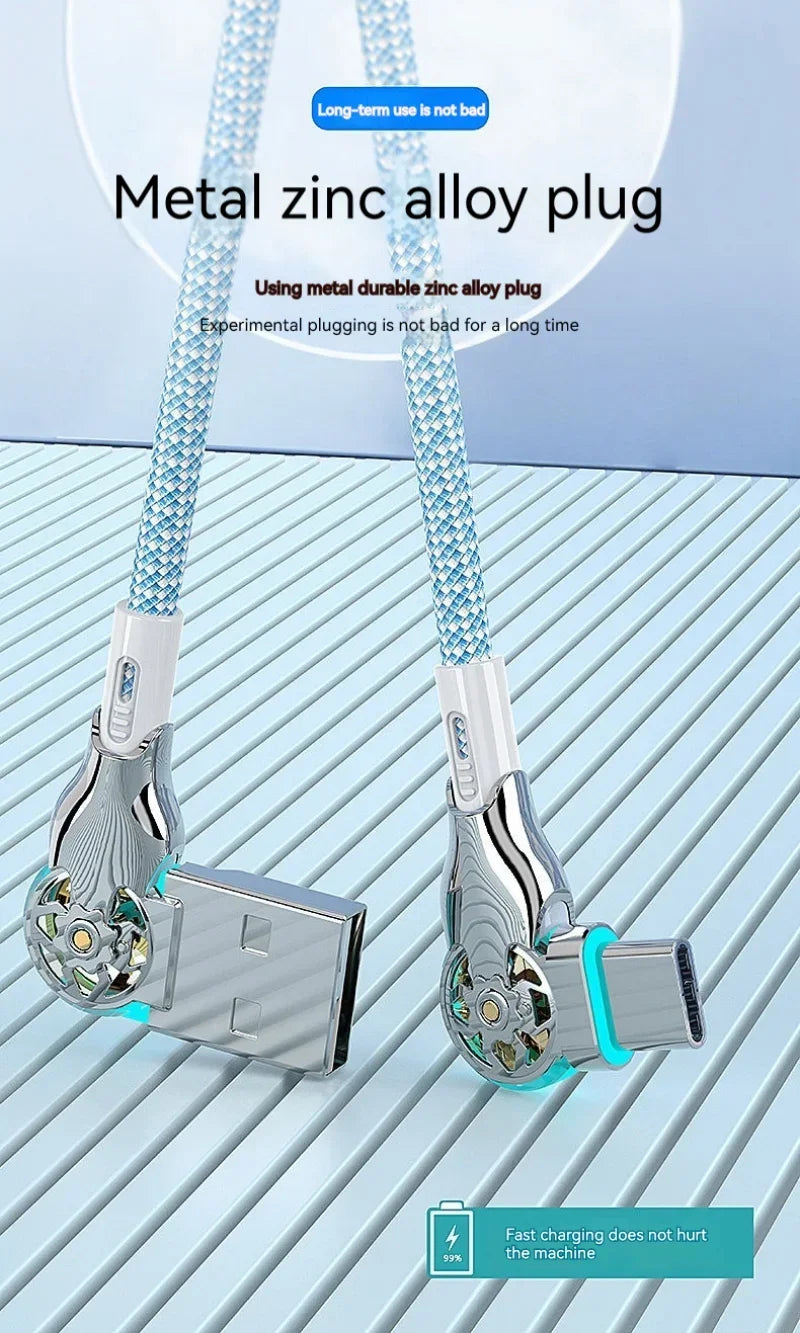 Cable de carga rápida con rotación dual de 180° Tipo C Micro USB Cargador con luz Aleación de zinc Cable de datos trenzado para Android iPhone