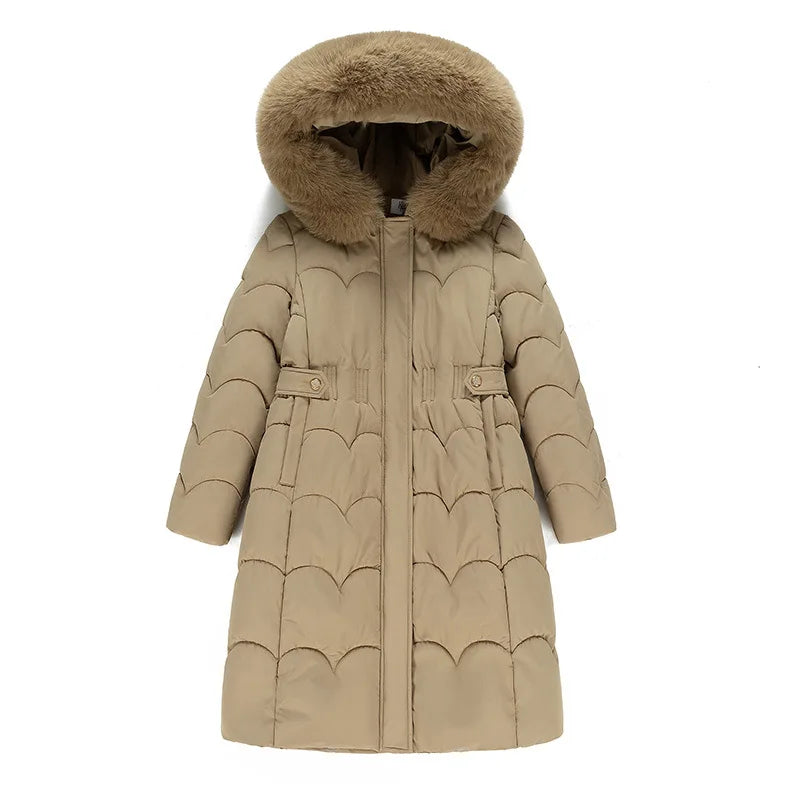 KIDCRKJ Abrigo de invierno pesado para mujer, con cintura ajustada, cuello de piel de lujo, acolchado para mujer, chaqueta larga por encima de la rodilla para mujer