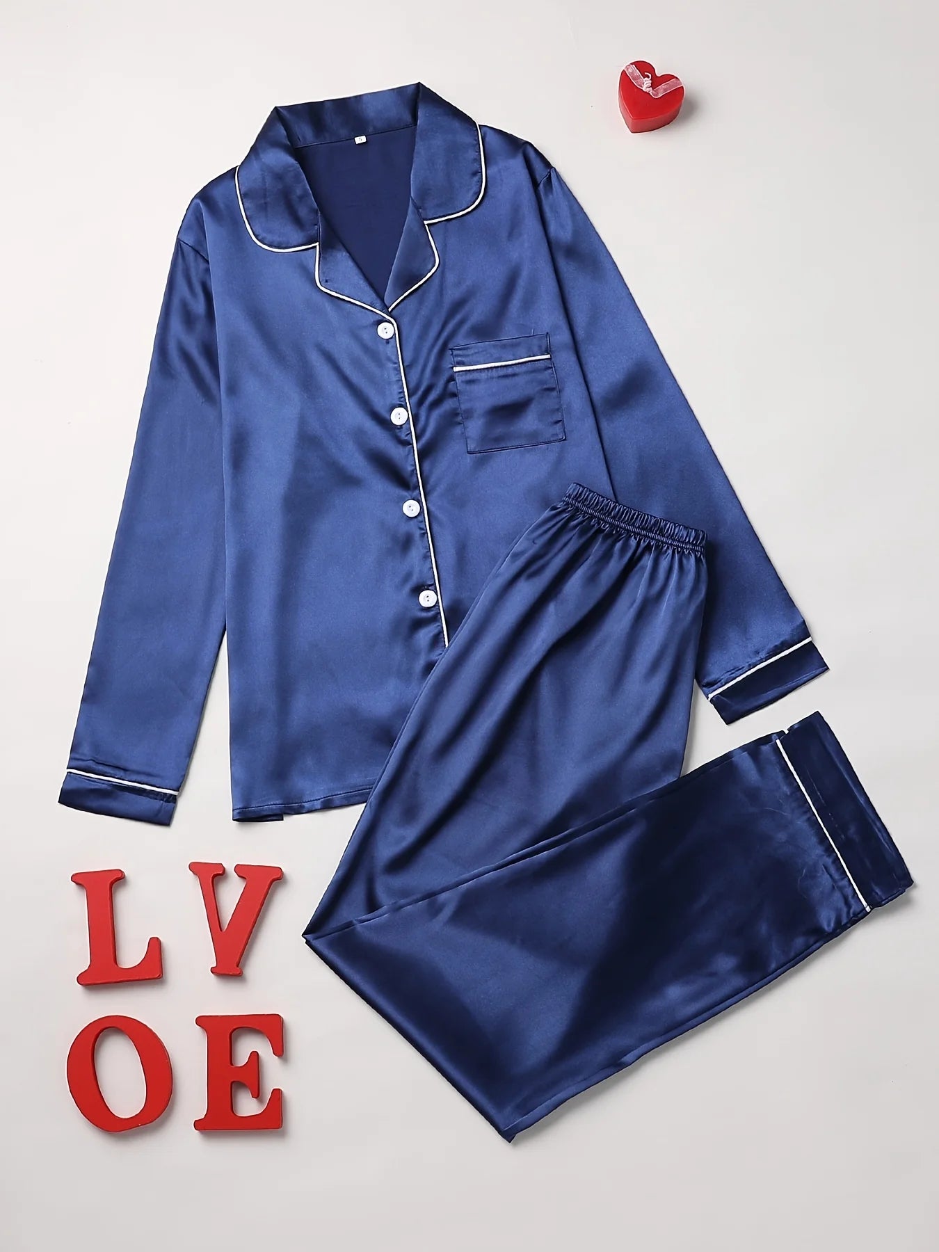 Conjunto de pijama liso de manga larga con botones y cuello tipo solapa, top y pantalones, conjunto de ropa de dormir y de estar para mujer