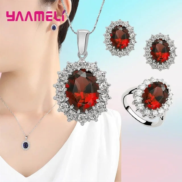 Juegos de joyería de compromiso para boda de mujer, 100% auténticos, de plata de ley 925, diseño clásico de flor ovalada con circonitas cúbicas brillantes