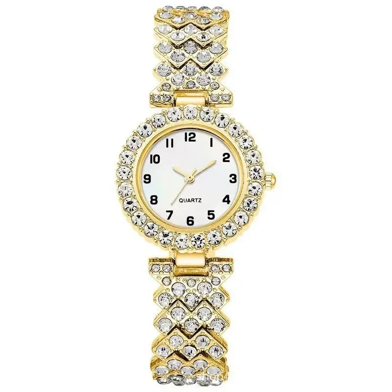 Juego de regalo de reloj de pulsera para mujer en oro rosa, 2 piezas/set, con esfera de números romanos, pedrería, reloj de cuarzo y correa de aleación, ideal para mamá