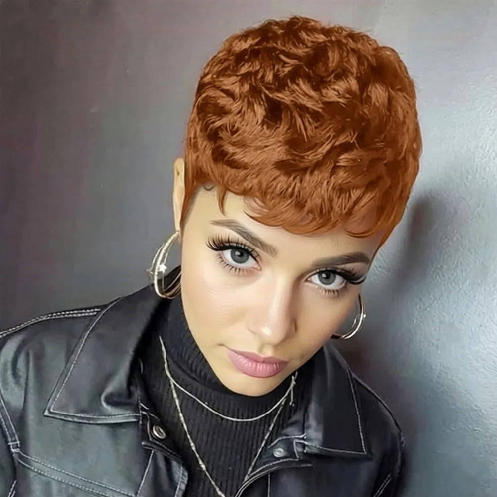 Peluca pixie color borgoña para mujer corte pixie corto liso en capas uso diario fiesta peluca de cabello humano hecha a máquina café negro