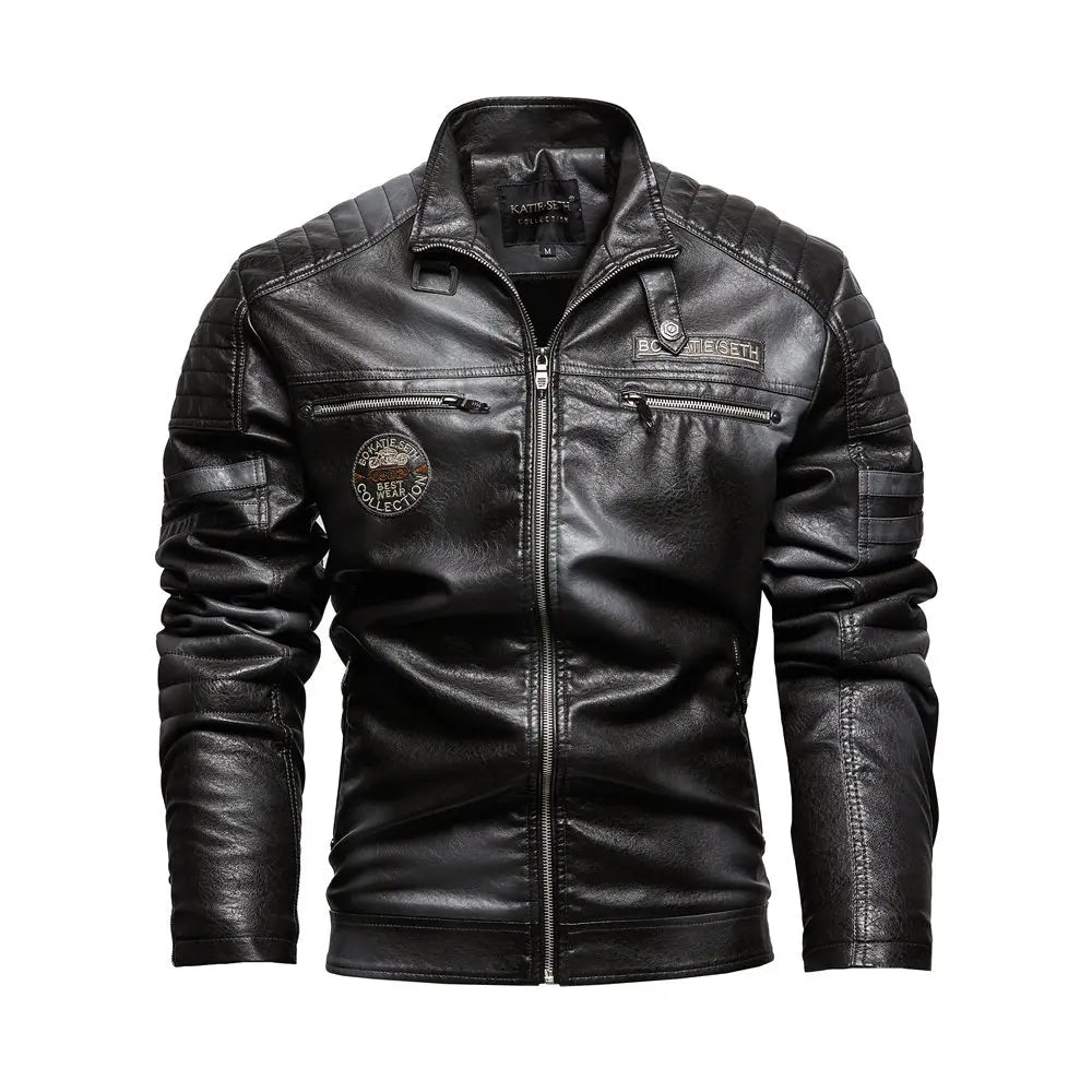 Chaqueta de Motociclista para Hombre, Chaquetas de Cuero PU para Motociclista con Forro Polar, Cortavientos de Moto para Hombre, Cuello Levantado, Chaquetas Casuales