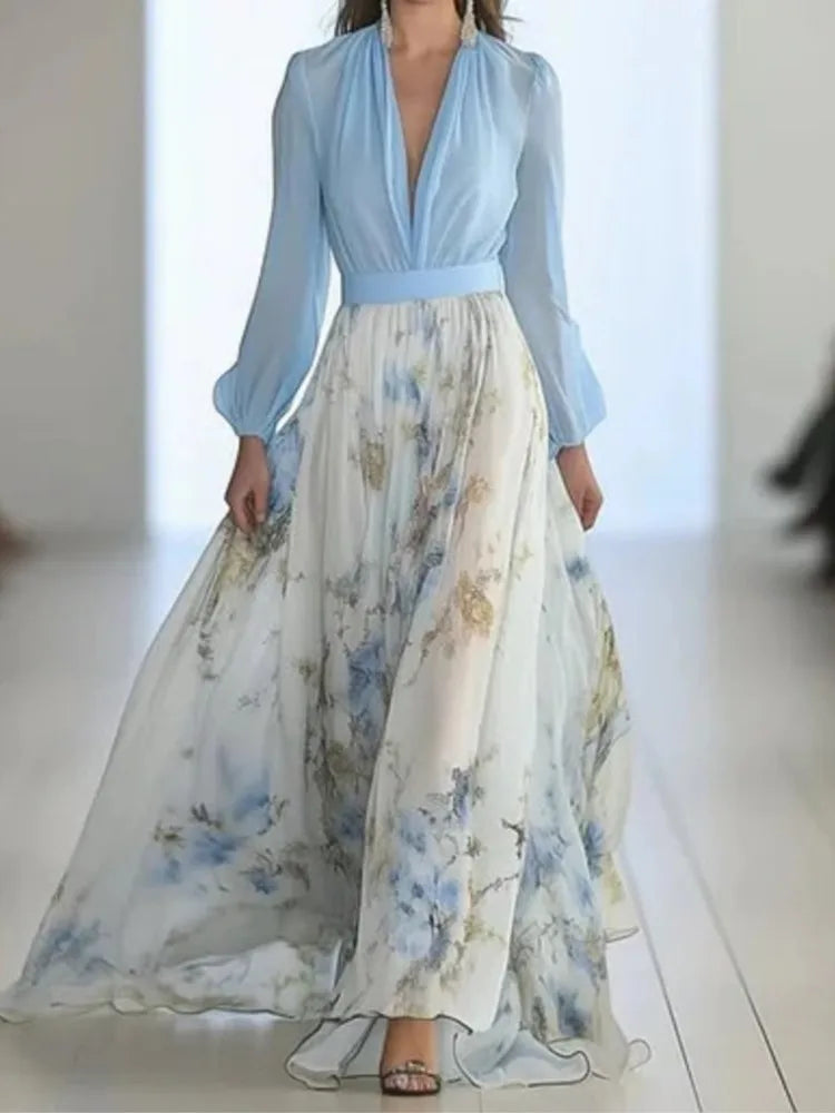 Vestido elegante con estampado para mujer, manga larga, cuello en V profundo, cintura alta, holgado, túnica femenina, ropa de mujer para fiesta, nuevo