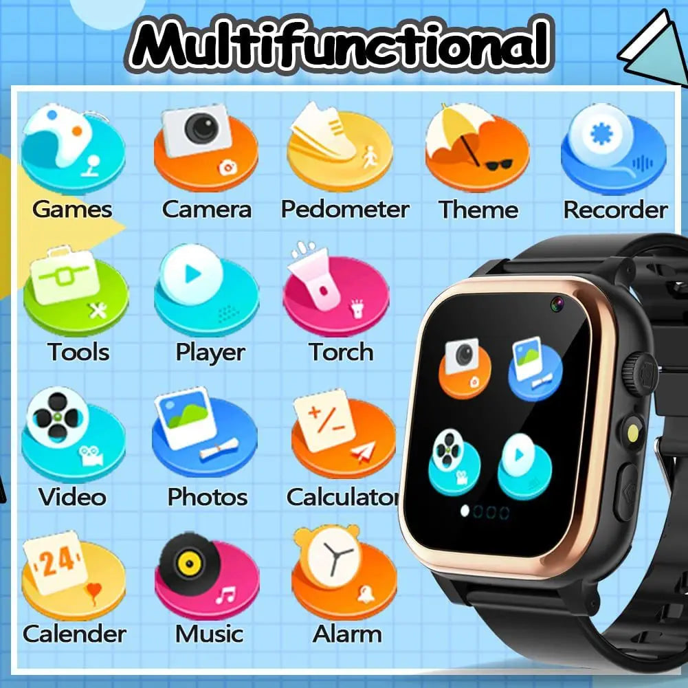 Montre connectée pour enfants, écran tactile HD, lecteur de musique, caméra, 16 jeux de puzzle, podomètre, calculatrice, lampe de poche, montre 12/24 h