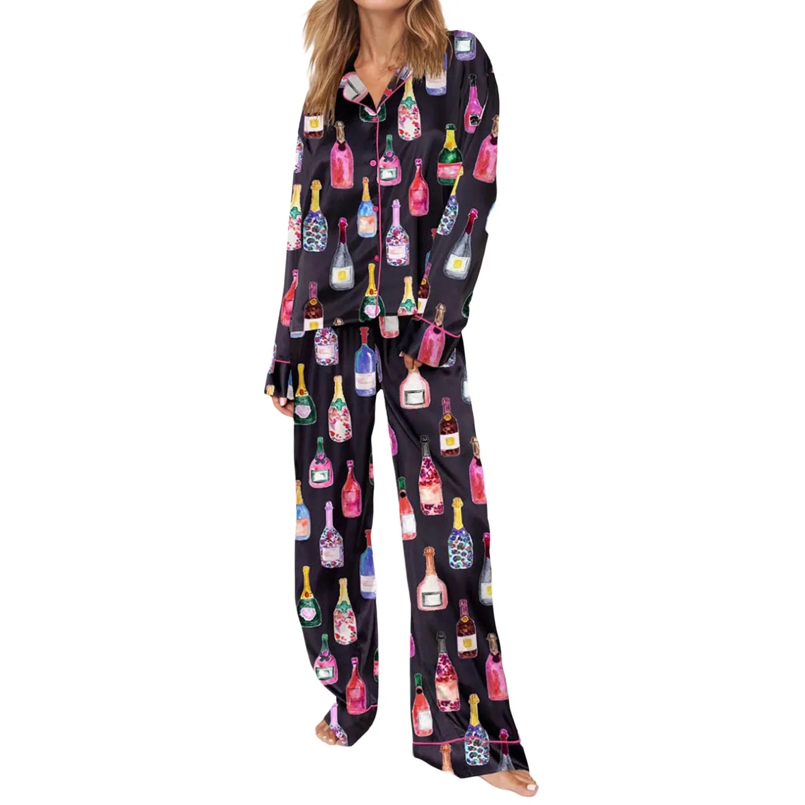 Conjuntos de pijamas de satén para mujer, 2 piezas, botella de champán, copas de vino, camisa de manga larga con botones, pantalones, ropa de satén de seda para estar en casa