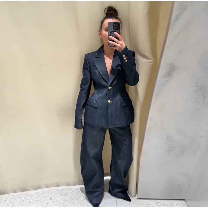 Elegante conjunto de 3 piezas de blazer de mezclilla, pantalón largo para mujer, chaqueta de traje de primavera de un solo botón, chaleco chic con cuello en V, trajes de pantalón de pierna ancha