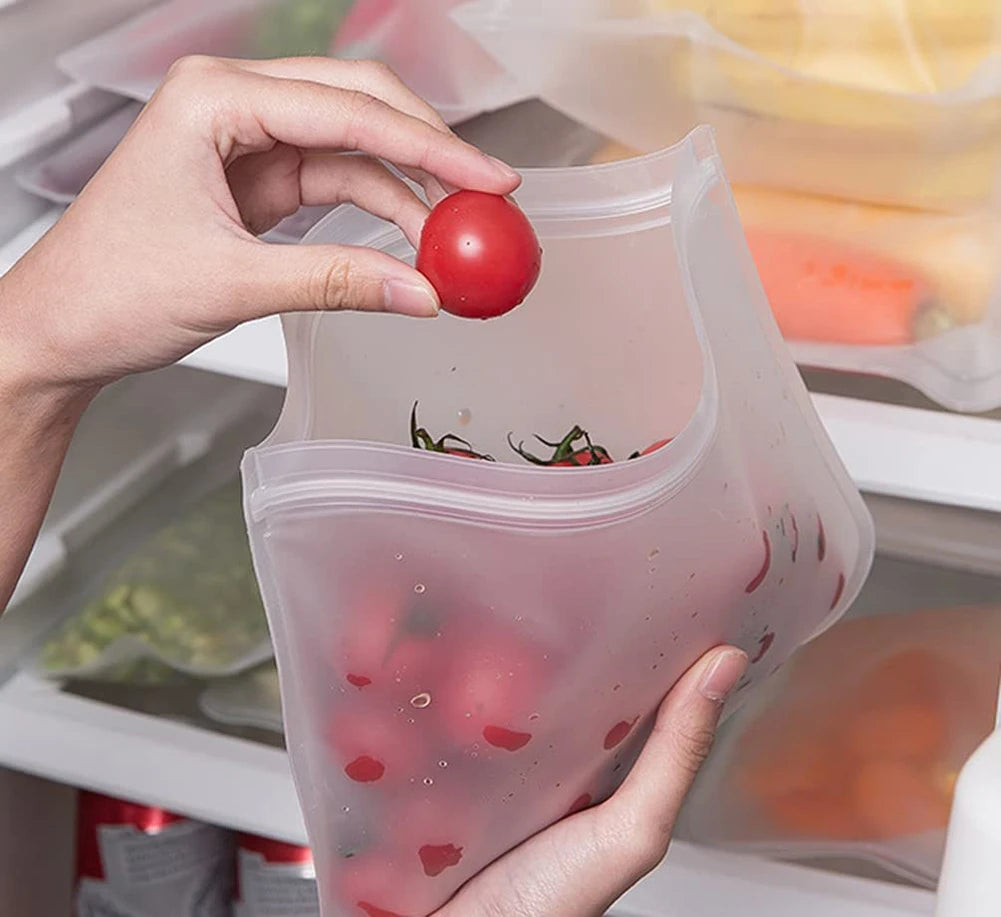 Bolsas de silicona para almacenar alimentos, recipientes, bolsas frescas, reutilizables, con cierre de cremallera vertical, a prueba de fugas, envoltura fresca, bolsas Ziploc.