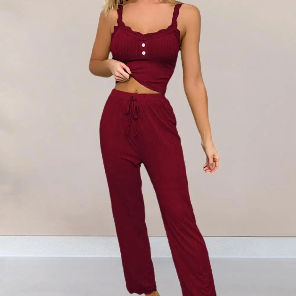 Conjunto de pijama casual sexy para mujer, de verano, de encaje, pantalones largos, sexy, de dos piezas, pantalones largos, conjunto de pijama para estar en casa