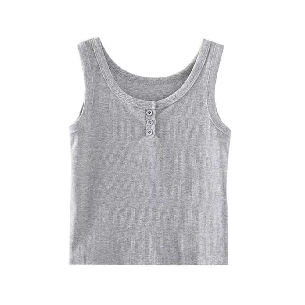 Camiseta sin mangas para mujer de canalé con botones, blusa sin mangas, color liso, informal, para mujer y adolescente, moderna, básica, vestidos de verano