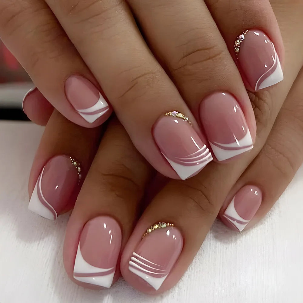 24 Uds uñas postizas de degradado blanco, cortas, cuadradas, bailarina, sencillas, de presión, usables, de color nude, puntas de manicura de cubierta completa