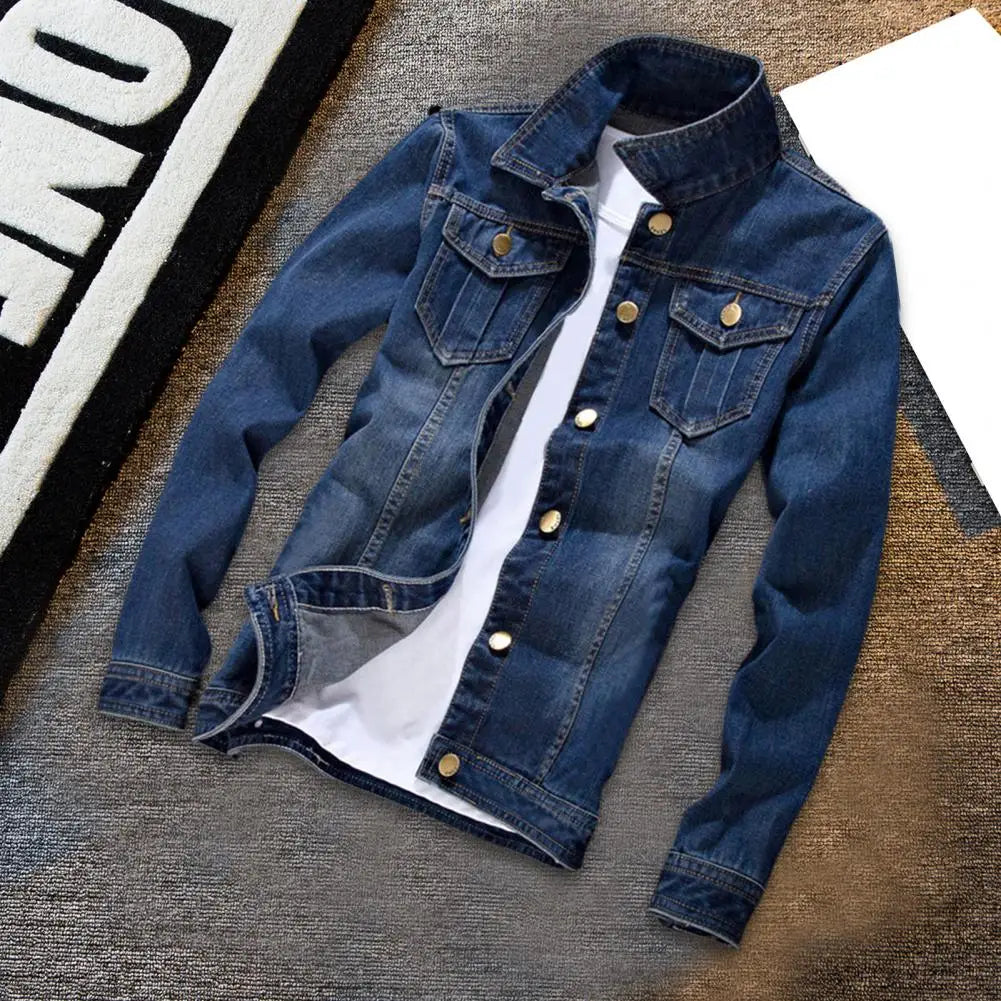 Men Jeans Jacket Stylish Pure Color Slim Fit Jeans Jacket Vintage Men Denim Jacket
