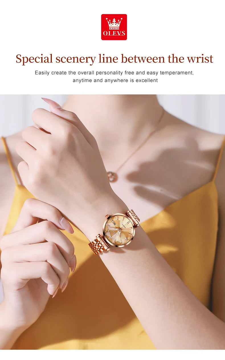 OLEVS 5536 Reloj de mujer de alta calidad con diseño de joyas elegantes, reloj de cuarzo impermeable, reloj de lujo de oro rosa para mujer Reloj Mujer