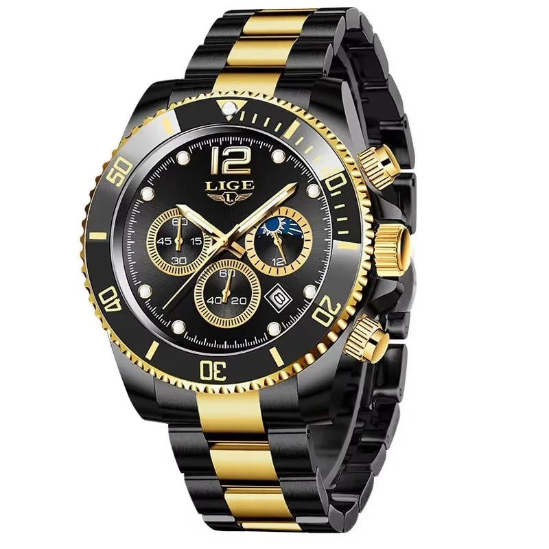 Reloj de hombre LIGE de marca superior, reloj de lujo para hombre, deportivo, resistente al agua, cronógrafo de acero inoxidable, reloj de pulsera de cuarzo, Relogio Masculino+Caja