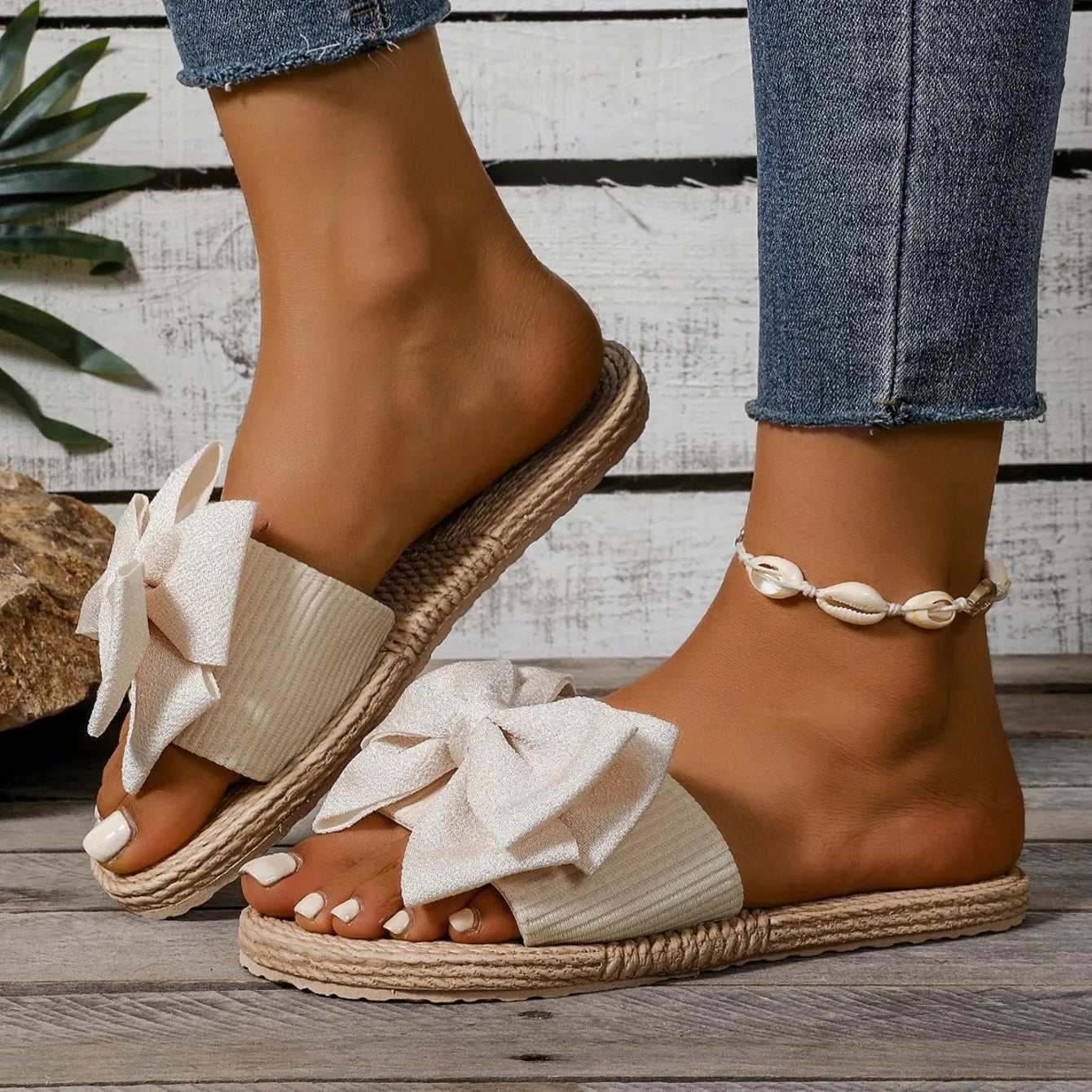 Zapatillas de mujer con lazo a la moda, sandalias antideslizantes, resistentes al desgaste, zapatos cómodos, suela blanda, tacón plano, pantuflas para mujer